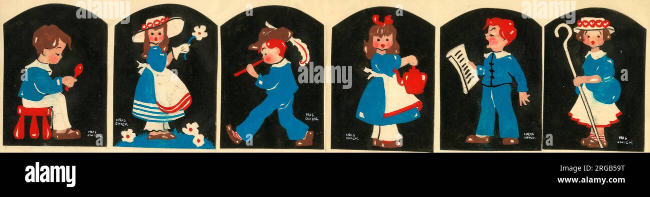 Original Artwork – Designs für sechs gummierte Sticker der Nursery Rhyme Series Stockfoto