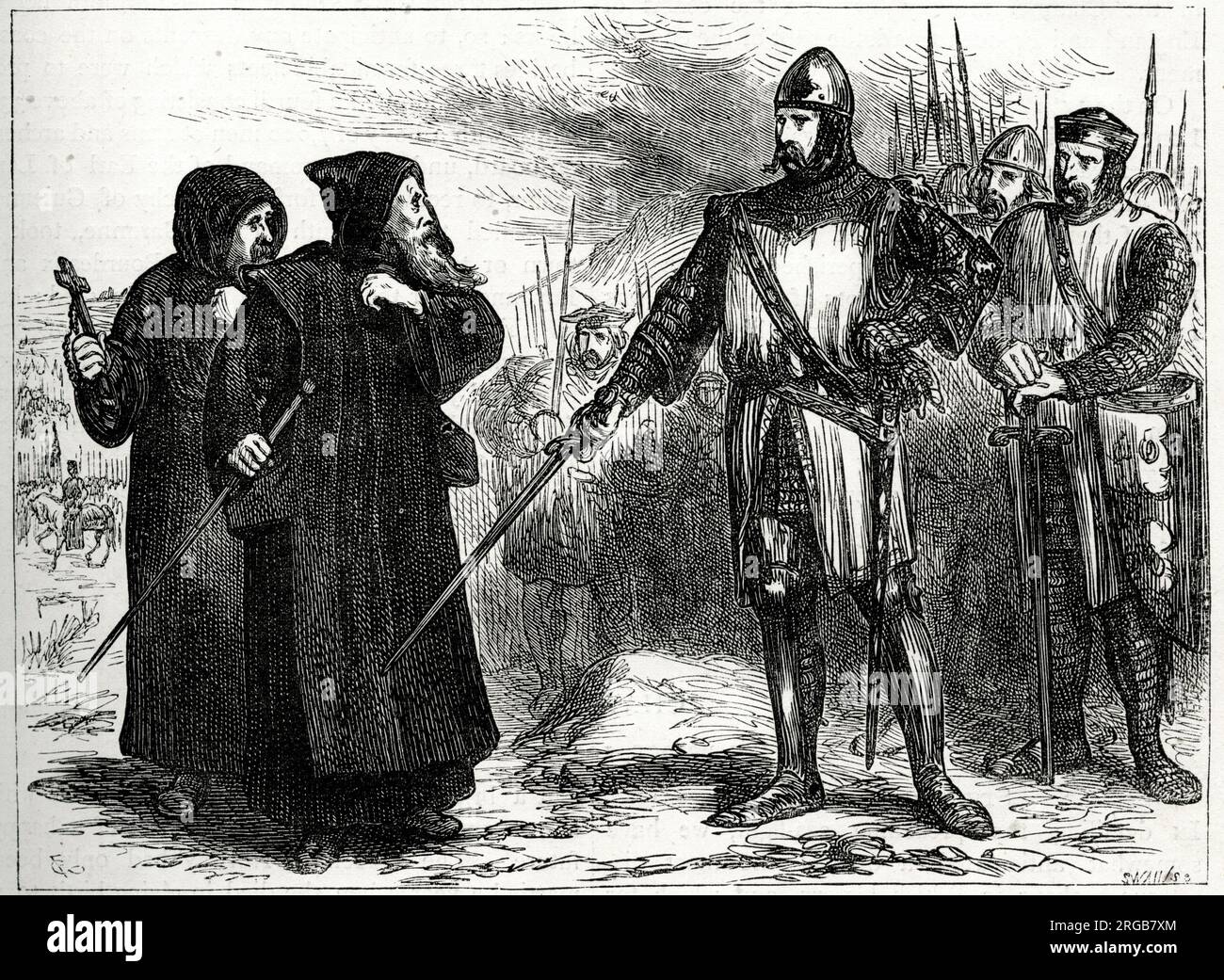 William Wallace, schottischer Führer, spricht mit zwei dominikanischen Mönchen, die vor der Schlacht von Stirling Bridge am 11. September 1297, Teil des Ersten Krieges der schottischen Unabhängigkeit, als Boten für die Engländer fungierten. Stockfoto