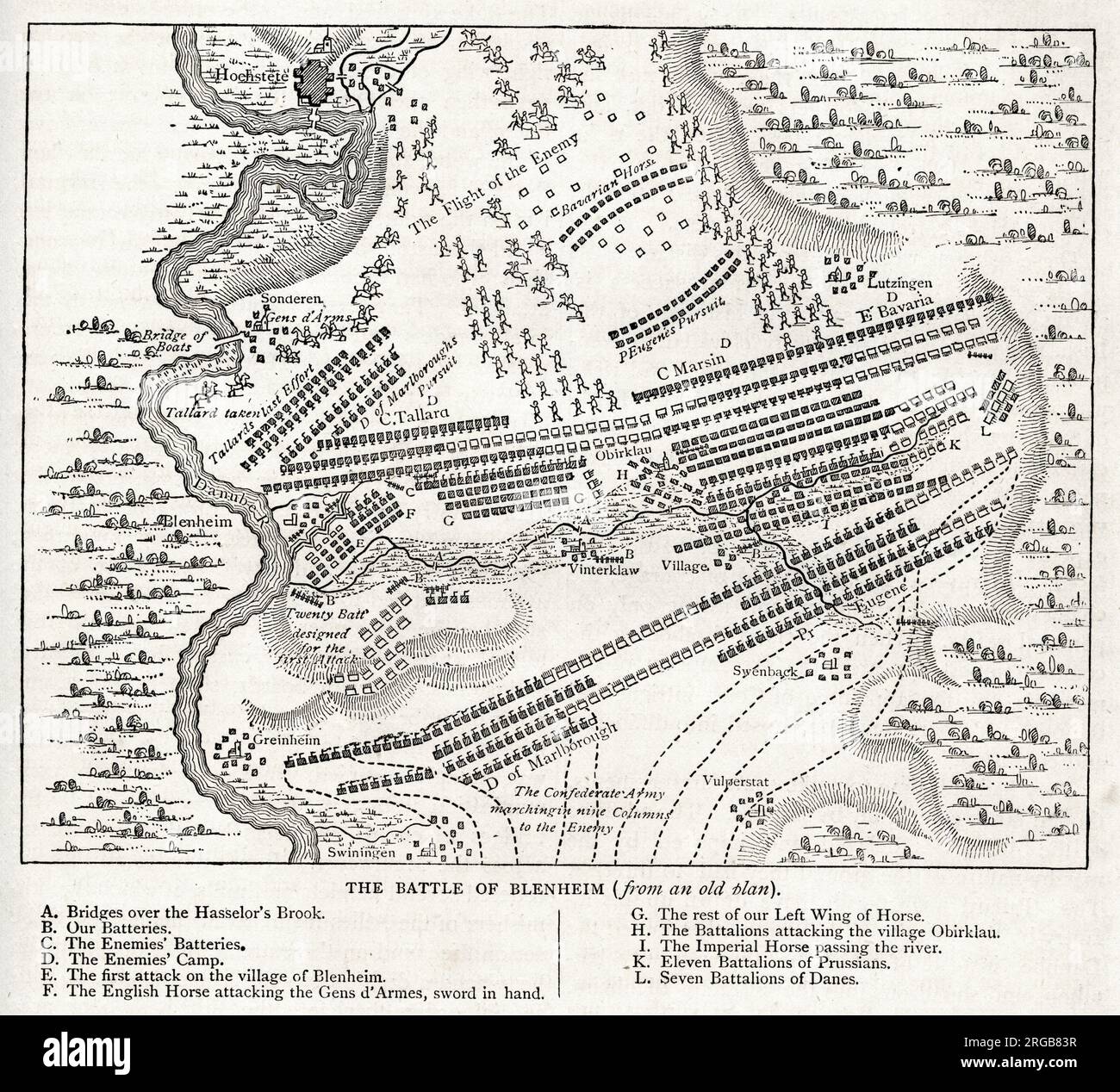 Karte der Schlacht von Blenheim (oder Blindheim), Hochstadt, Deutschland, 13. August 1704, Teil des Spanischen Erbkrieges (1701-1714). Stockfoto