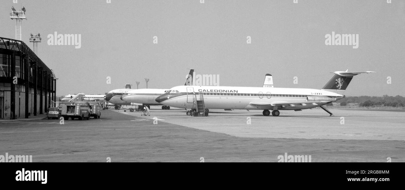 BAC One Eleven-509EW G-AWWX (msn BAC.184) von Caledonian Airways am Flughafen London Gatwick im August 1969. Stockfoto