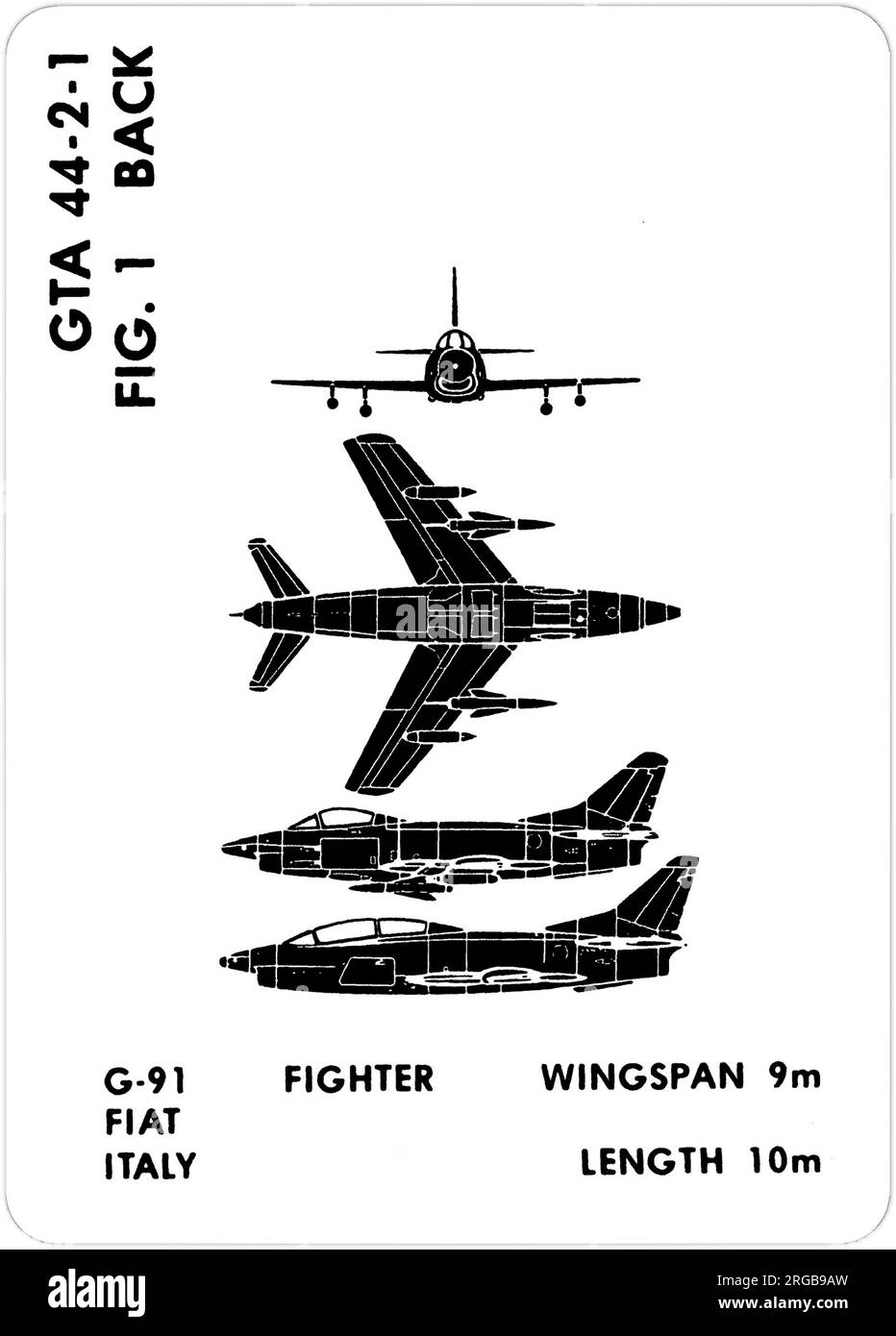 Fiat G.91 3-Ansicht. Dies ist eine der Grafiktrainingshilfen (GTA), die von der US-Armee verwendet werden, um ihr Personal darin zu Schulen, freundliche und feindliche Flugzeuge zu erkennen. Dieser besondere Satz, GTA 44-2-1, wurde July1977 herausgegeben. Das Set umfasst Flugzeuge aus Kanada, Italien, Großbritannien, den USA und der UdSSR. Stockfoto