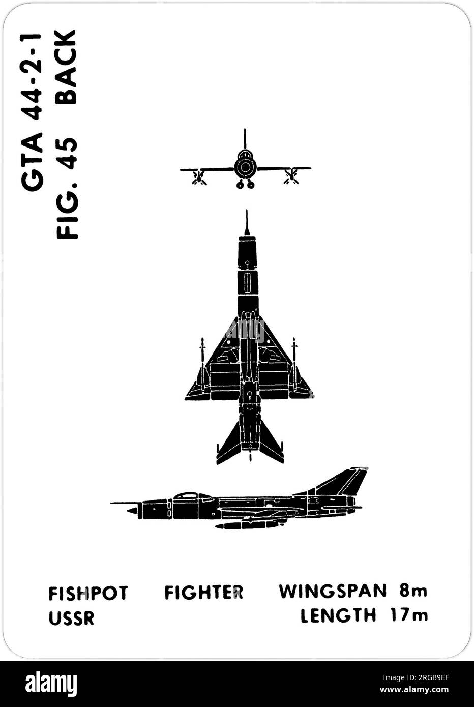 Sukhoi Su-9 - Su-11 (NATO-Codename: Fishpot). Dies ist eine der Grafiktrainingshilfen (GTA), die von der US-Armee verwendet werden, um ihr Personal darin zu Schulen, freundliche und feindliche Flugzeuge zu erkennen. Dieser besondere Satz, GTA 44-2-1, wurde July1977 herausgegeben. Das Set umfasst Flugzeuge aus Kanada, Italien, Großbritannien, den USA und der UdSSR. Stockfoto