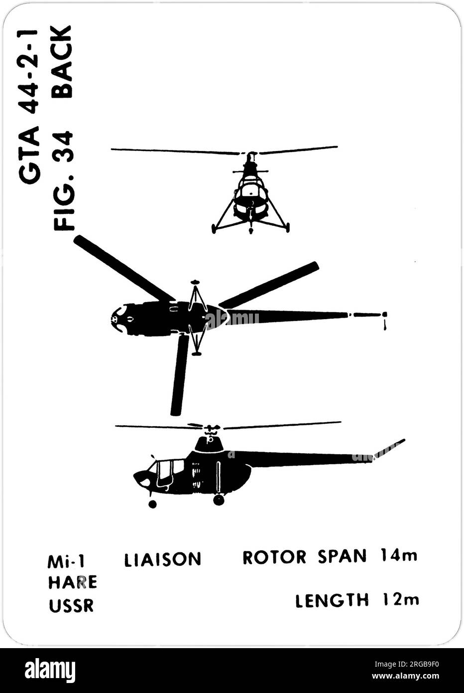 MIL Mi-1 (NATO-Codename: Hare). Dies ist eine der Grafiktrainingshilfen (GTA), die von der US-Armee verwendet werden, um ihr Personal darin zu Schulen, freundliche und feindliche Flugzeuge zu erkennen. Dieser besondere Satz, GTA 44-2-1, wurde July1977 herausgegeben. Das Set umfasst Flugzeuge aus Kanada, Italien, Großbritannien, den USA und der UdSSR. Stockfoto