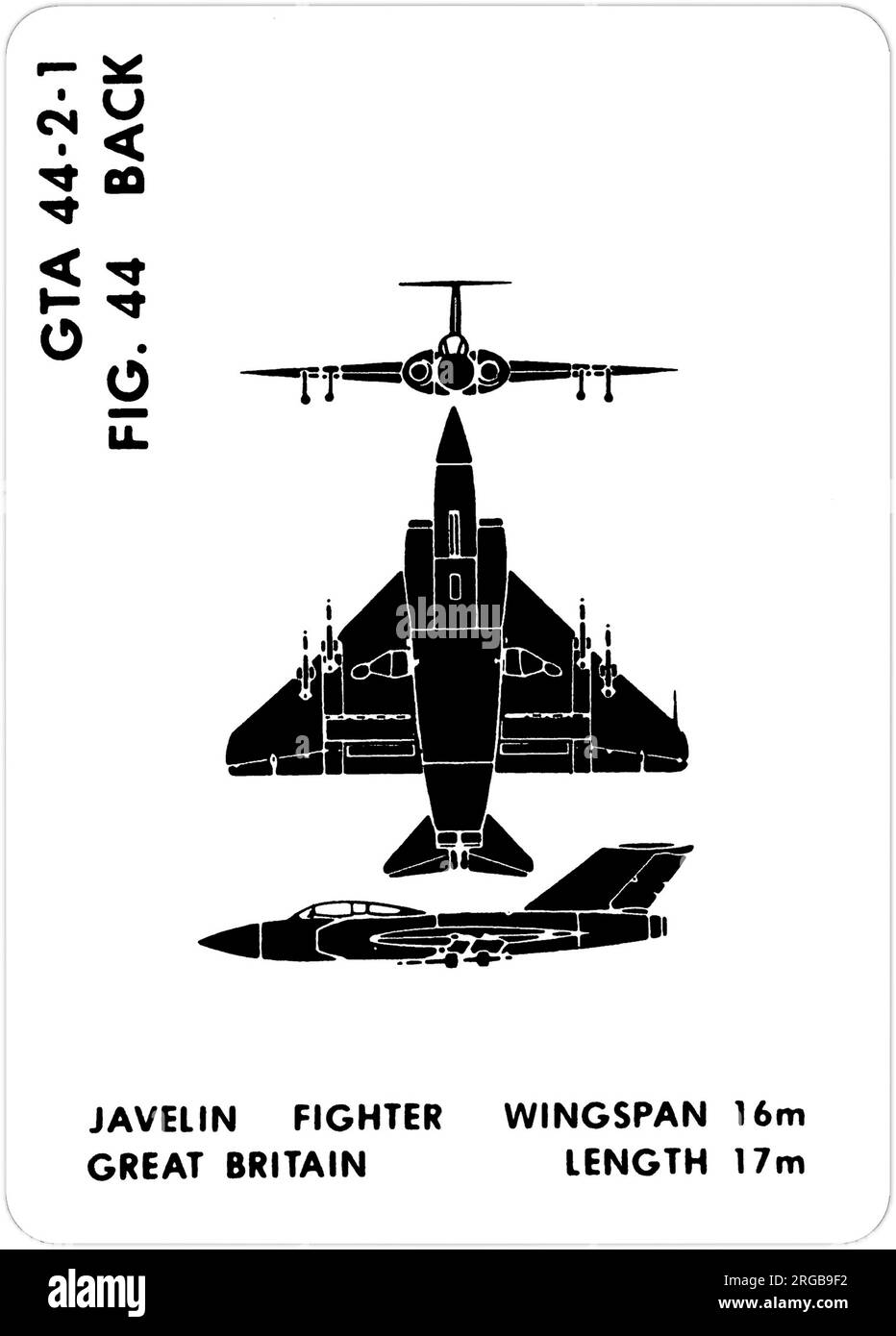 Gloster Javelin F(AW).9. Dies ist eine der Grafiktrainingshilfen (GTA), die von der US-Armee verwendet werden, um ihr Personal darin zu Schulen, freundliche und feindliche Flugzeuge zu erkennen. Dieser besondere Satz, GTA 44-2-1, wurde July1977 herausgegeben. Das Set umfasst Flugzeuge aus Kanada, Italien, Großbritannien, den USA und der UdSSR. Stockfoto