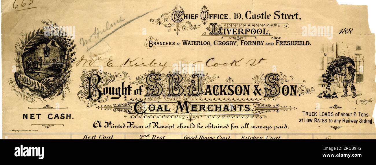 S B Jackson & Son, Coal Merchants, Castle Street, Liverpool, Schreibwaren. Stockfoto