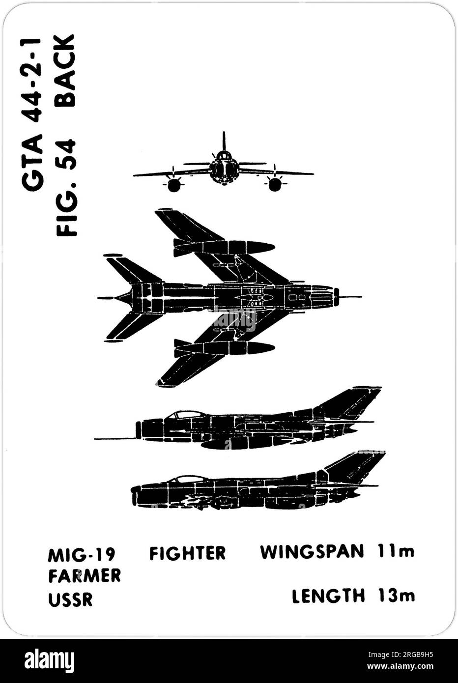 Mikoyan-Guryevich MiG-19 (NATO-Codename: Farmer A) & MiG-19pm (NATO-Codename: Farmer E). Dies ist eine der Grafiktrainingshilfen (GTA), die von der US-Armee verwendet werden, um ihr Personal darin zu Schulen, freundliche und feindliche Flugzeuge zu erkennen. Dieser besondere Satz, GTA 44-2-1, wurde July1977 herausgegeben. Das Set umfasst Flugzeuge aus Kanada, Italien, Großbritannien, den USA und der UdSSR. Stockfoto