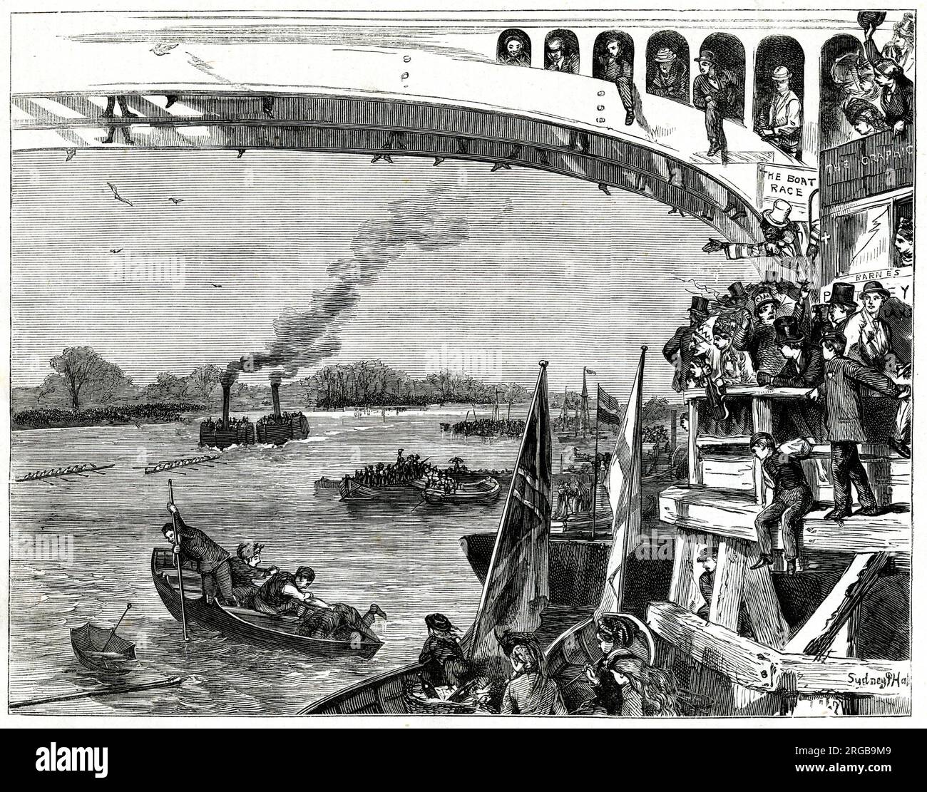 University Boat Race, Sketch an der Barnes Bridge, West London. Stockfoto