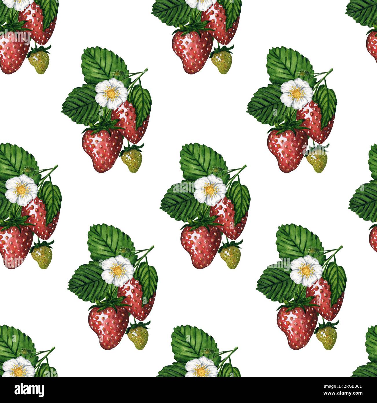 Nahtloses Muster mit frischen und saftigen Erdbeeren auf weißem Hintergrund, handgemalte Aquarellzeichnung. Stockfoto