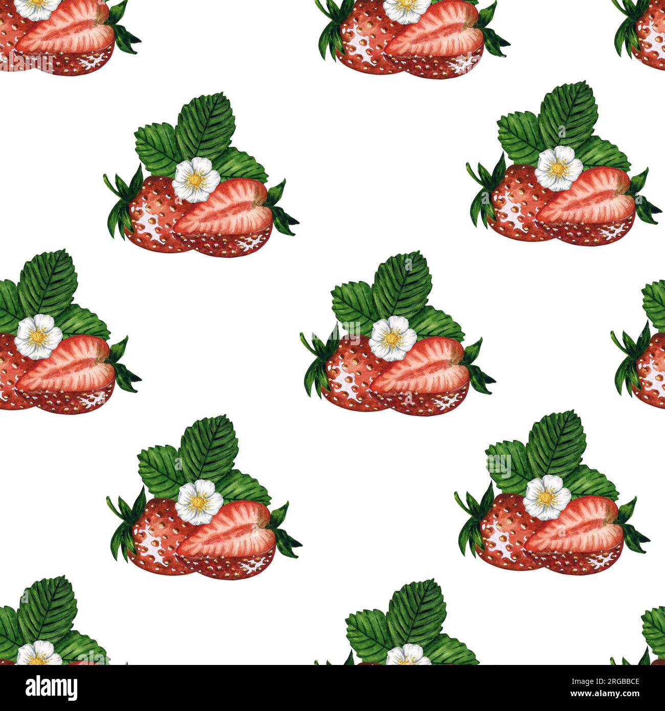 Nahtloses Muster mit frischen und saftigen Erdbeeren auf weißem Hintergrund, handgemalte Aquarellzeichnung. Stockfoto