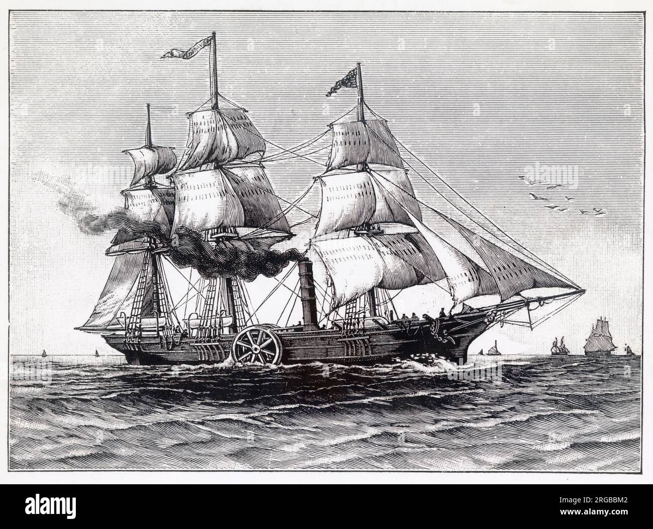 SS Savannah - ein amerikanisches Hybrid-Segelschiff/Segelraddampfer, gebaut 1818. Sie war das erste Dampfschiff, das den Atlantischen Ozean überquerte. Das Bild zeigt Savannah unter Segel- und Dampfkraft. Savannah wurde 1821 in Long Island, New York, zerstört. Stockfoto