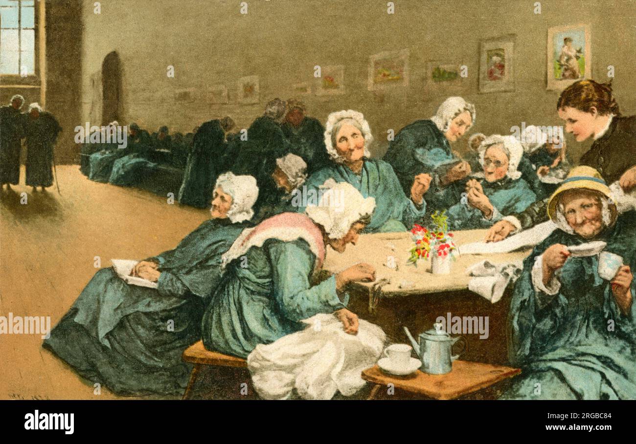 Eventide: Eine Szene in der Westminster Union ist ein Werk des sozial-realistischen Malers Sir Hubert von Herkomer aus dem Jahr 1878 (1849-1914). Es zeigt Frauen im St. James's Workhouse in Soho, London. Das Originalgemälde und eine Aquarellstudie befinden sich in der Walker Art Gallery in Liverpool. Stockfoto