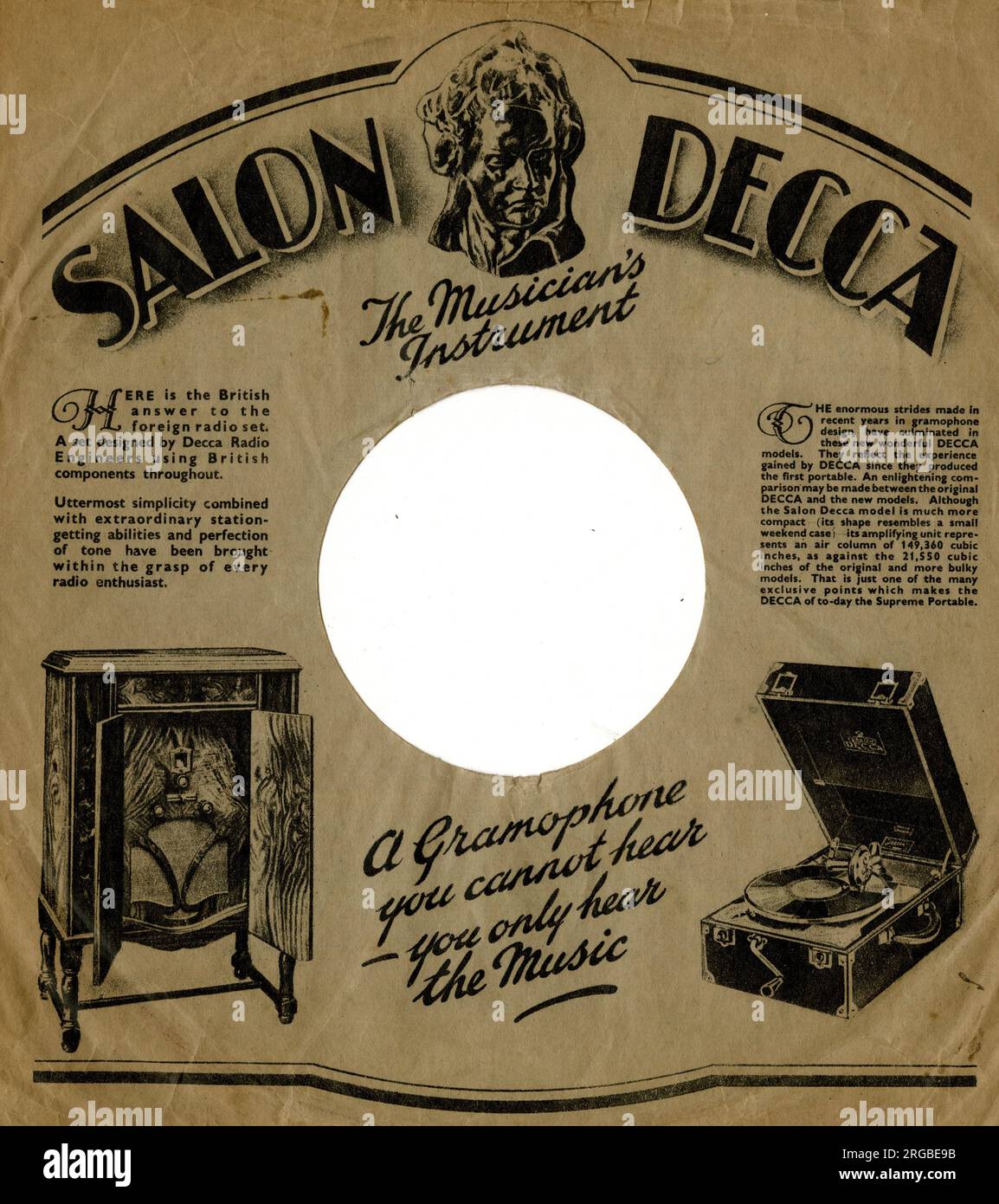 78rpm Schallplattenhülle mit Werbung für das Grammophon Salon Decca - das Instrument des Musikers. Stockfoto