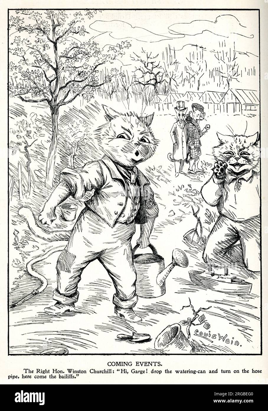 Politischer Cartoon, Coming Events, Winston Churchill, erster Lord der Admiralität, dargestellt als komische Katze, von Louis Wain Stockfoto