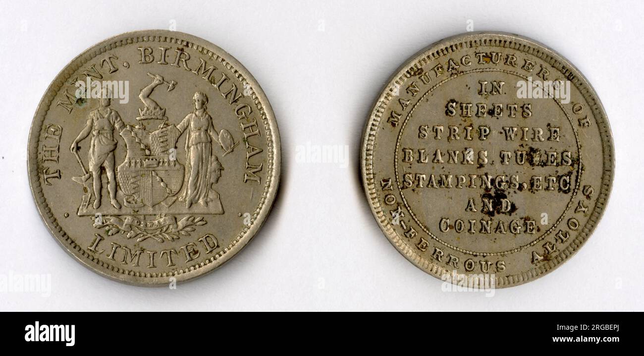 Birmingham Münzmünze, Werbeschild, Kupfer Nickel - Hersteller von NE-Legierungen (vorne und hinten). Stockfoto