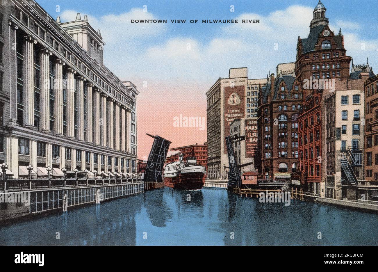 Blick auf die Innenstadt von Milwaukee River, Milwaukee, Wisconsin, USA Stockfoto