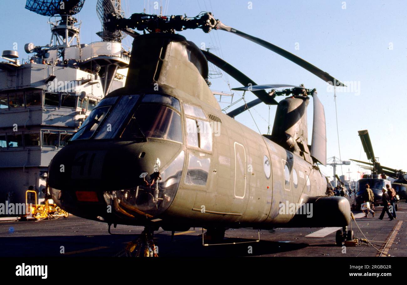 United States Marine Corps - Boeing-Vertol CH-46A Sea Knight '41', rangierte auf dem Flugdeck eines amphibischen Angriffsträgers. Stockfoto