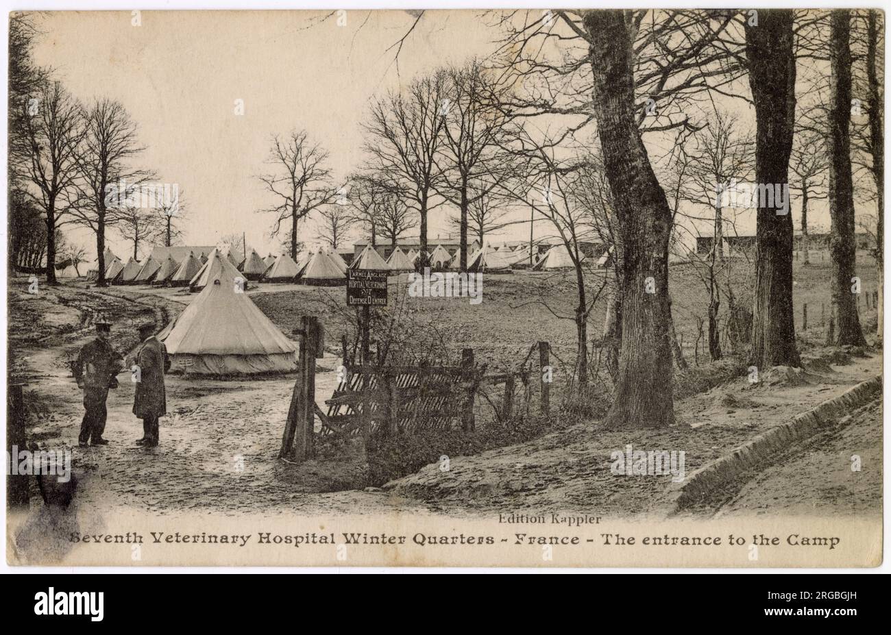 Eintritt zum Lager, Siebtes Veterinärkrankenhaus, Britische Armee, Winterquartiere, Frankreich, WW1 Stockfoto