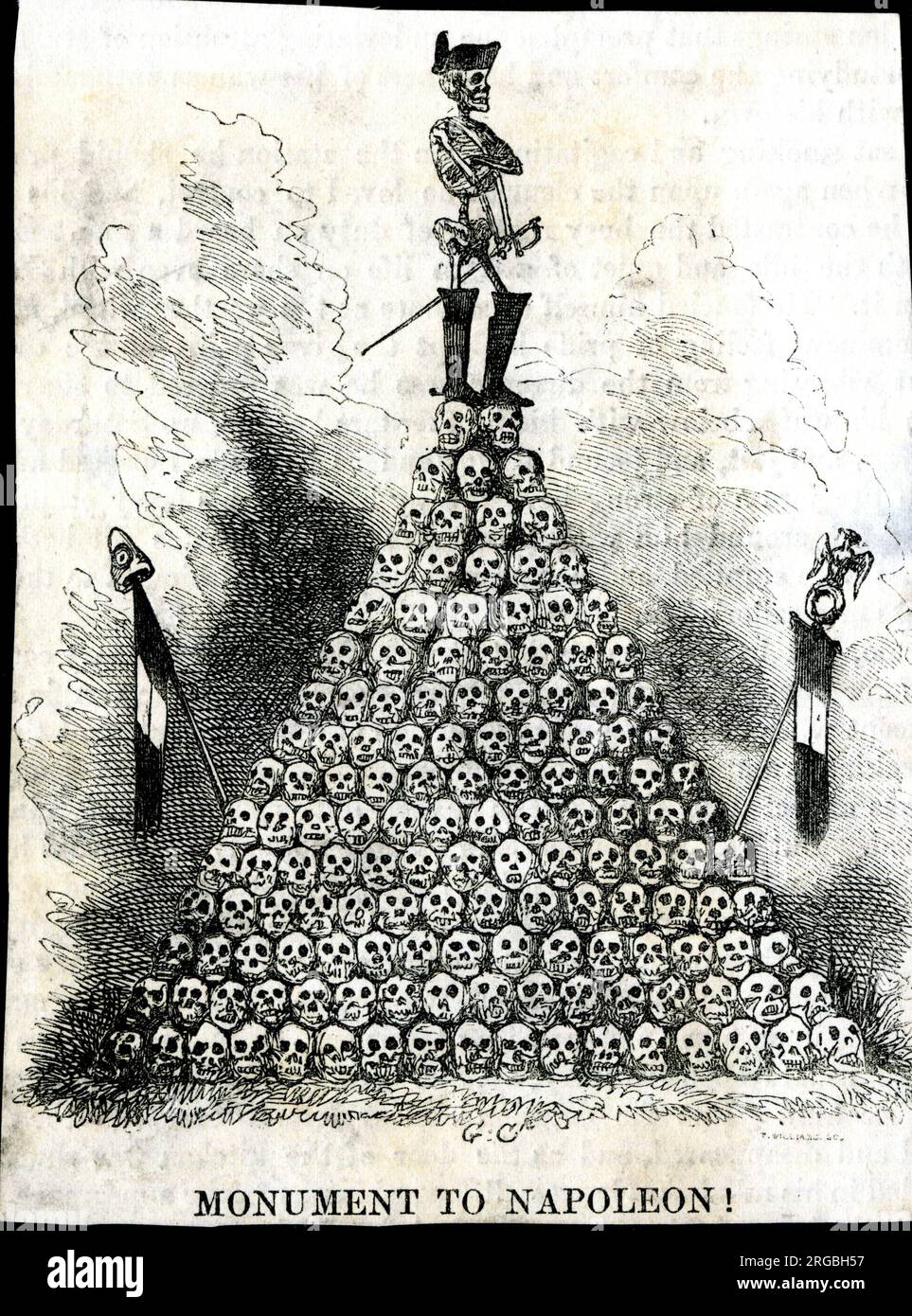 Cartoon, Denkmal für Napoleon! Von George Cruikshank. Zeigt ein Skelett auf einer Schädelpyramide, um die vielen Todesfälle zu reflektieren, die während seiner Militärkampagnen verursacht wurden. Stockfoto