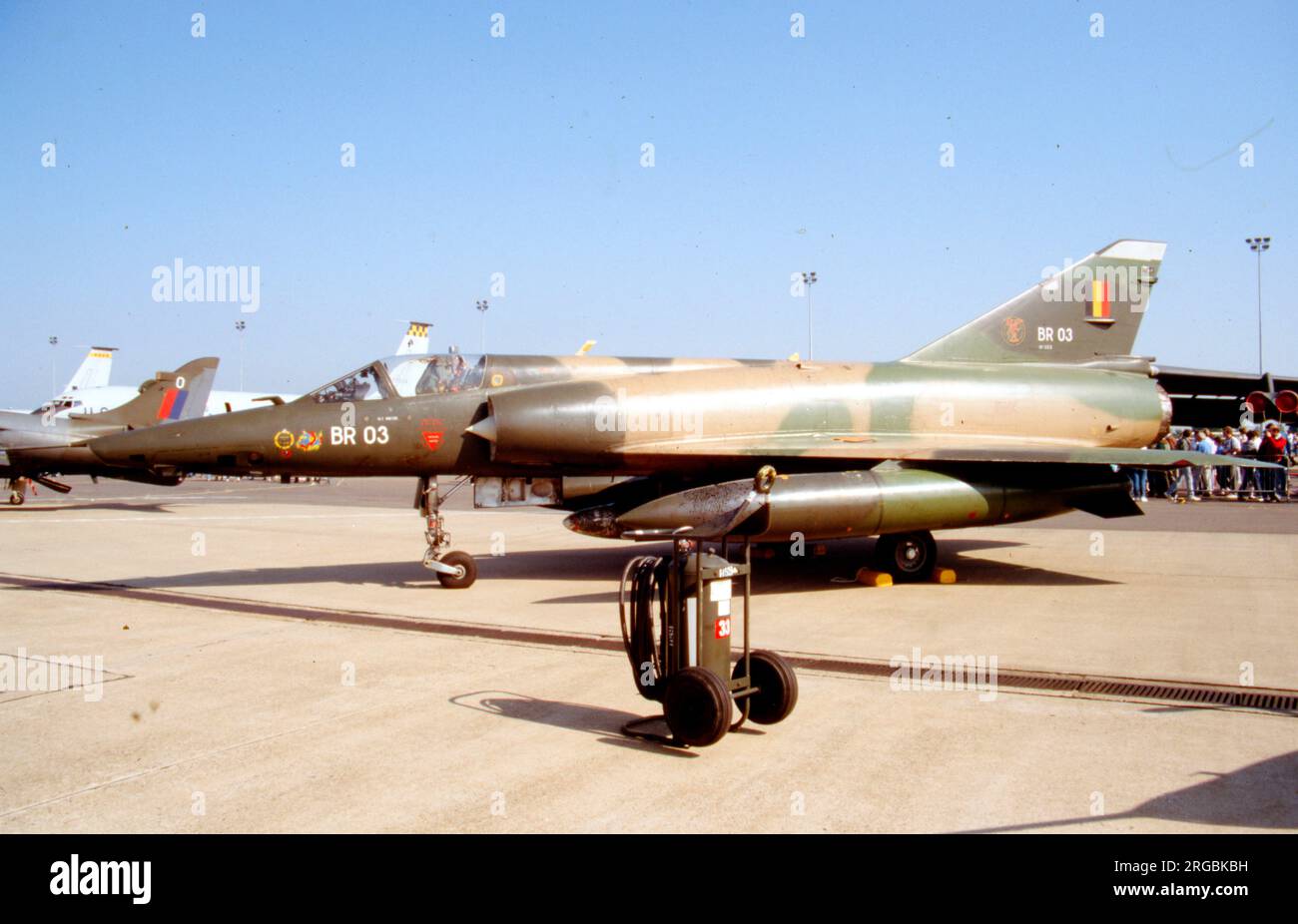 Force Aerienne Belge - Dassault Mirage 5BR BR03 (msn 303), am 28. Mai 1988 auf der RAF Mildenhall. (Force Aerienne Belge - Belgische Luftwaffe). Stockfoto