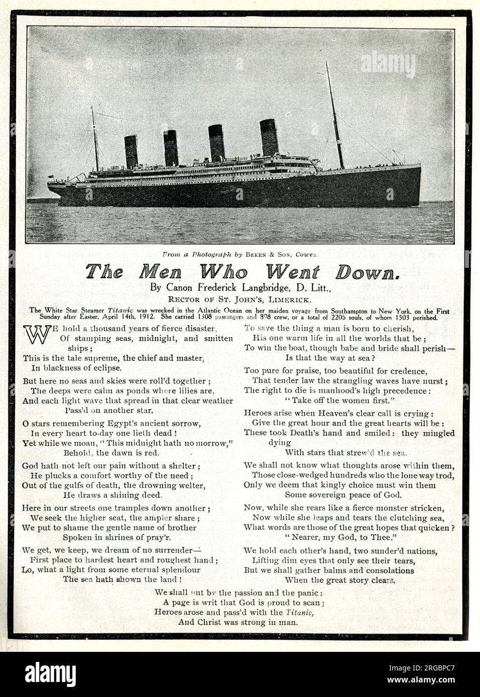 Titanic, The Men Who Down - Gedicht von Canon Frederick Langbridge Stockfoto