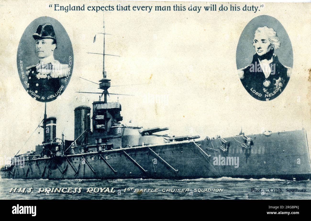 HMS Princess Royal, 1. Kampfkreuzer-Geschwader, mit eingelegten Porträts von Admiral Jellicoe und Lord Nelson - England erwartet, dass jeder Mann an diesem Tag seine Pflicht erfüllt. Stockfoto