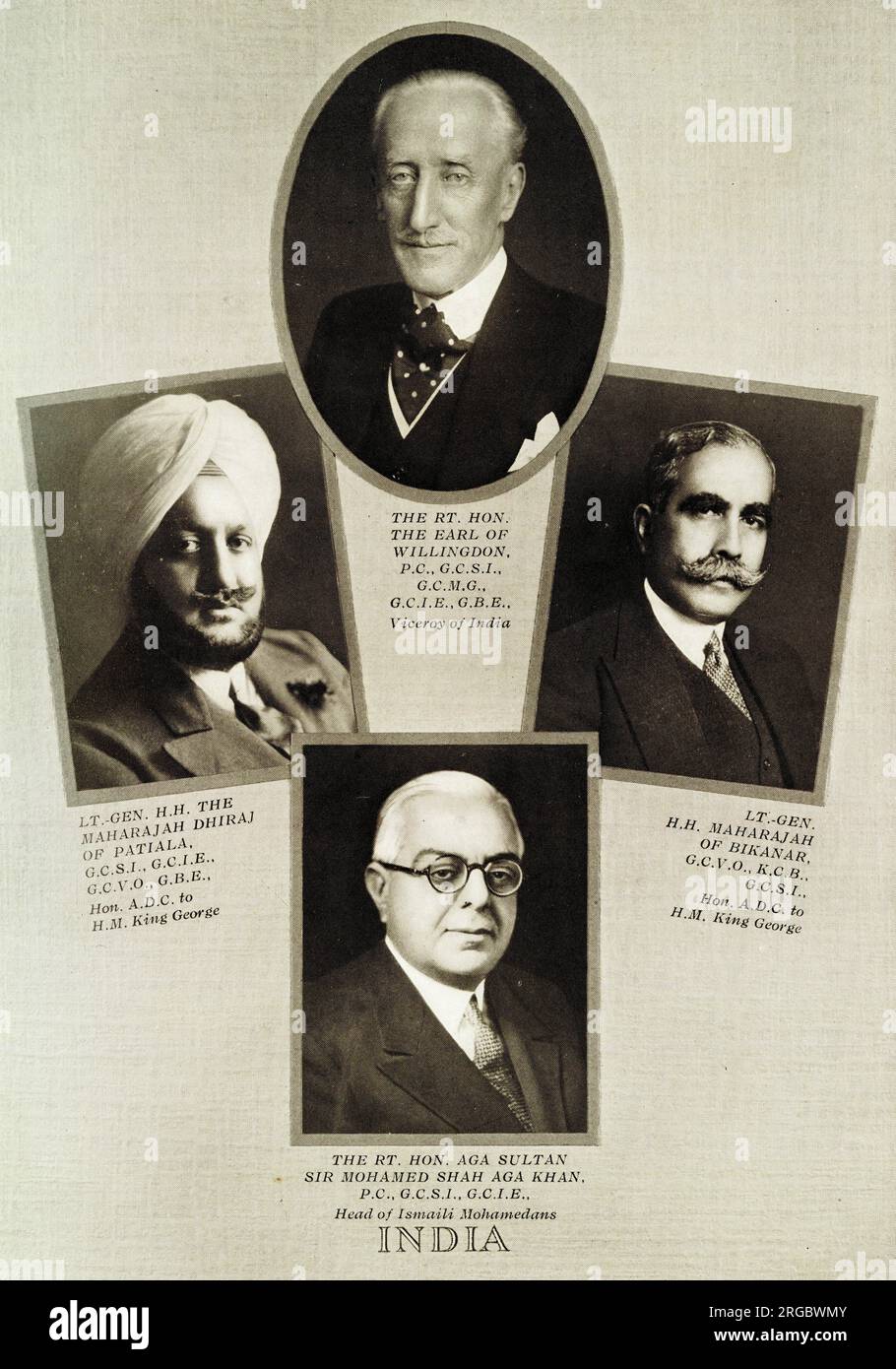Vertreter von König George V in Indien: Graf von Willingdon, Maharadscha von Patiala, Maharadscha von Bikanar, Aga Khan. Stockfoto