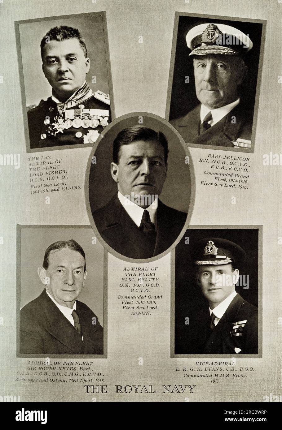 Königliche Marineführer während der ersten 25 Jahre der Herrschaft von König George V.: Lord Fisher, Earl Jellicoe, Earl Beatty, Sir Roger Keyes, Vizeadmiral Evans. Stockfoto