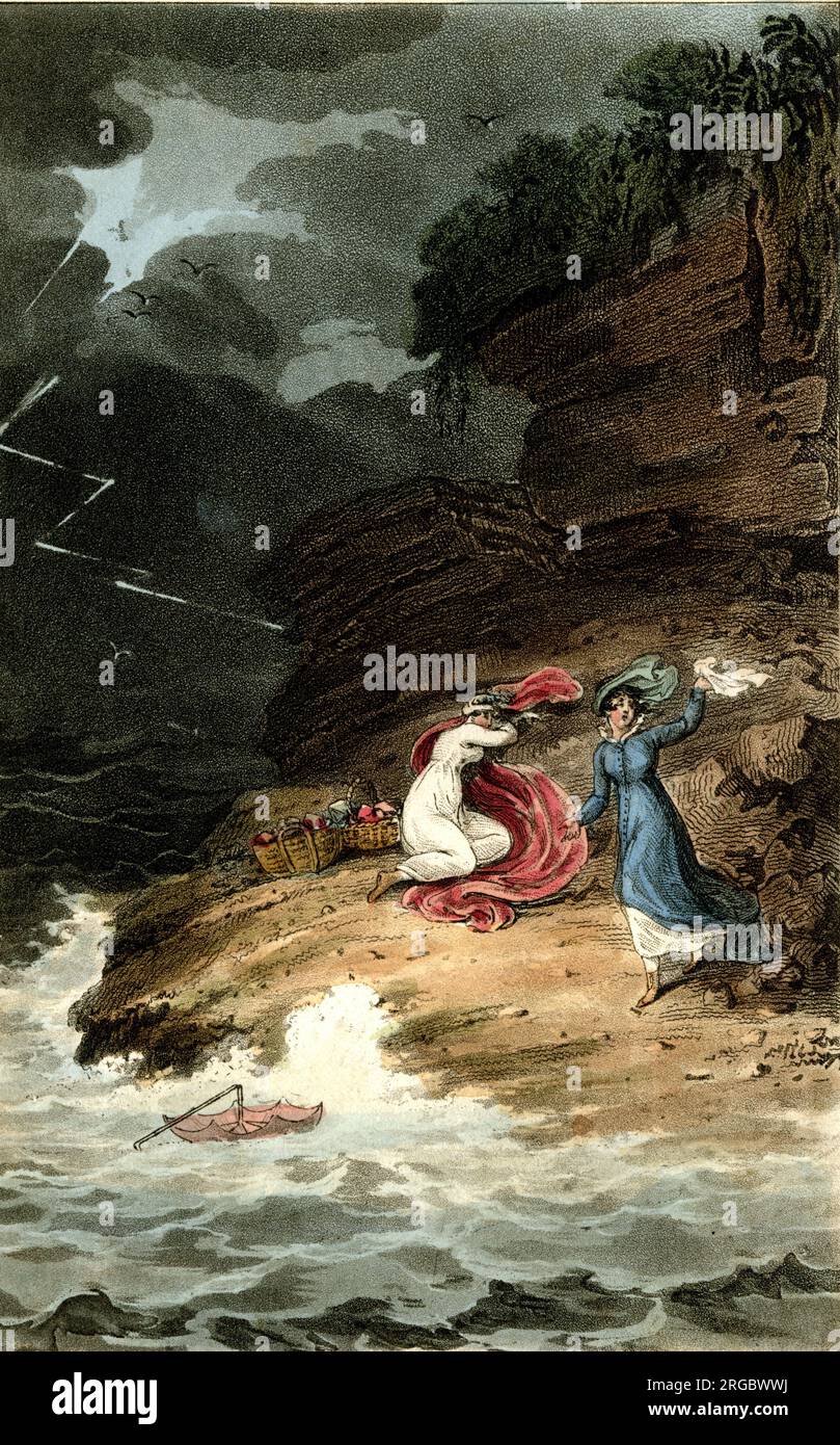 Cornelian Bay, Scarborough, North Yorkshire - zwei Frauen, die in einem Sturm am Strand gefangen sind Stockfoto