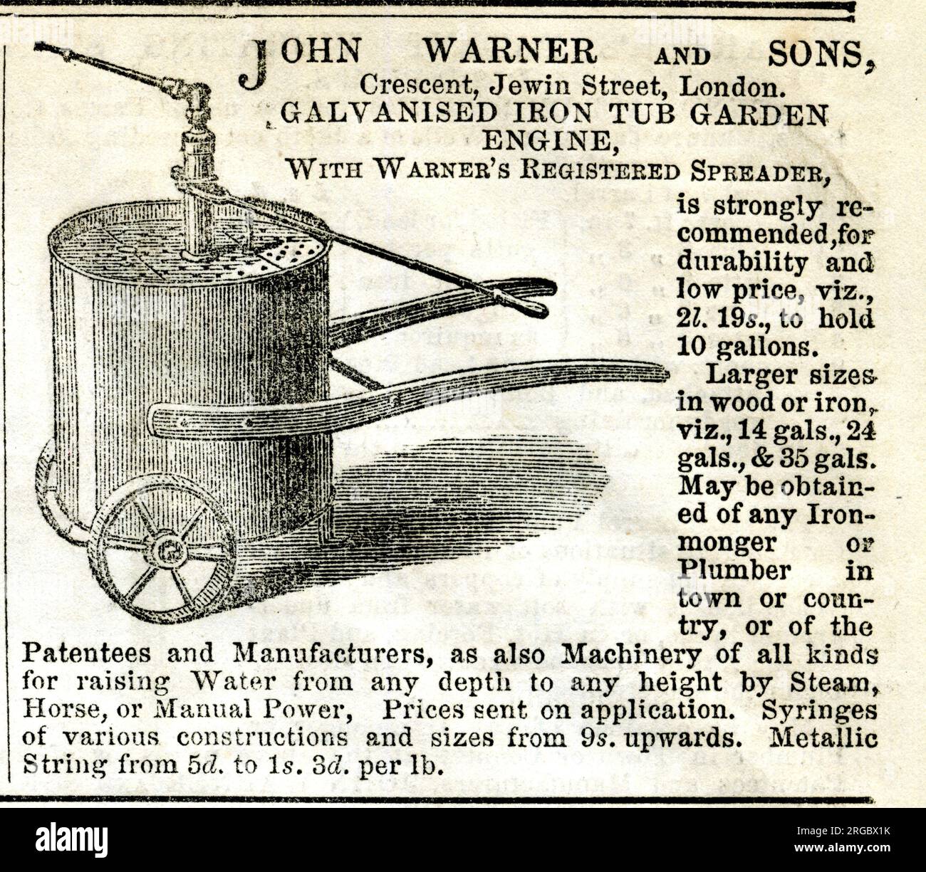 Werbespot, John Warner and Sons, Jewin Street, London, Galvanised Iron Tub Garden Engine mit Warner's Registered Spreader Stockfoto