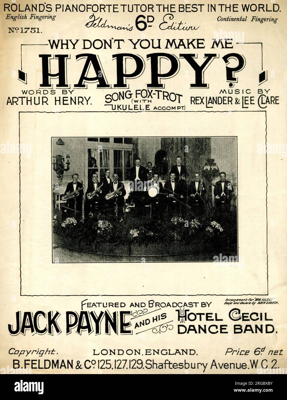 Musik-Cover, mach mich glücklich. Words by Arthur Henry, Music by Rex Lander and Lee Clare, Foxtrot Song, der von Jack Payne und seiner Hotel Cecil Dance Band übertragen wird Stockfoto