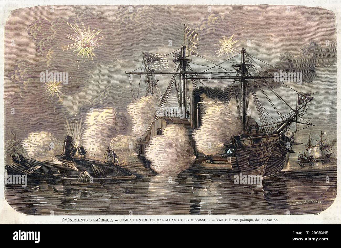 Schlacht zwischen dem Bundeskriegsschiff Mississippi und dem Konföderierten Rammbock Manassas im Amerikanischen Bürgerkrieg Stockfoto