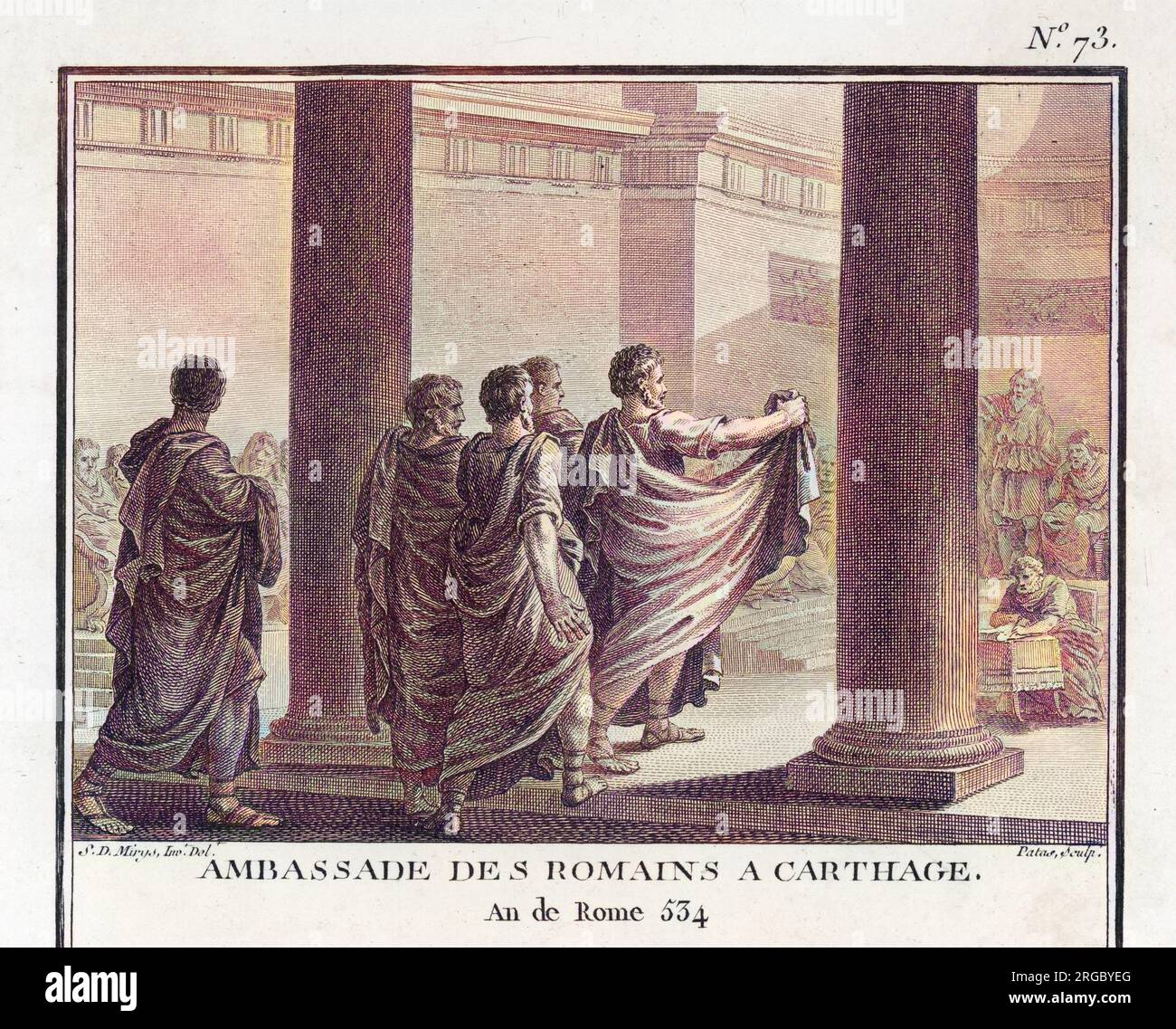 ZWEITER PUNISCHER KRIEG : die römischen Botschafter bieten den Karthaginern die Wahl zwischen Frieden und Krieg -- sie wählen Krieg! Stockfoto