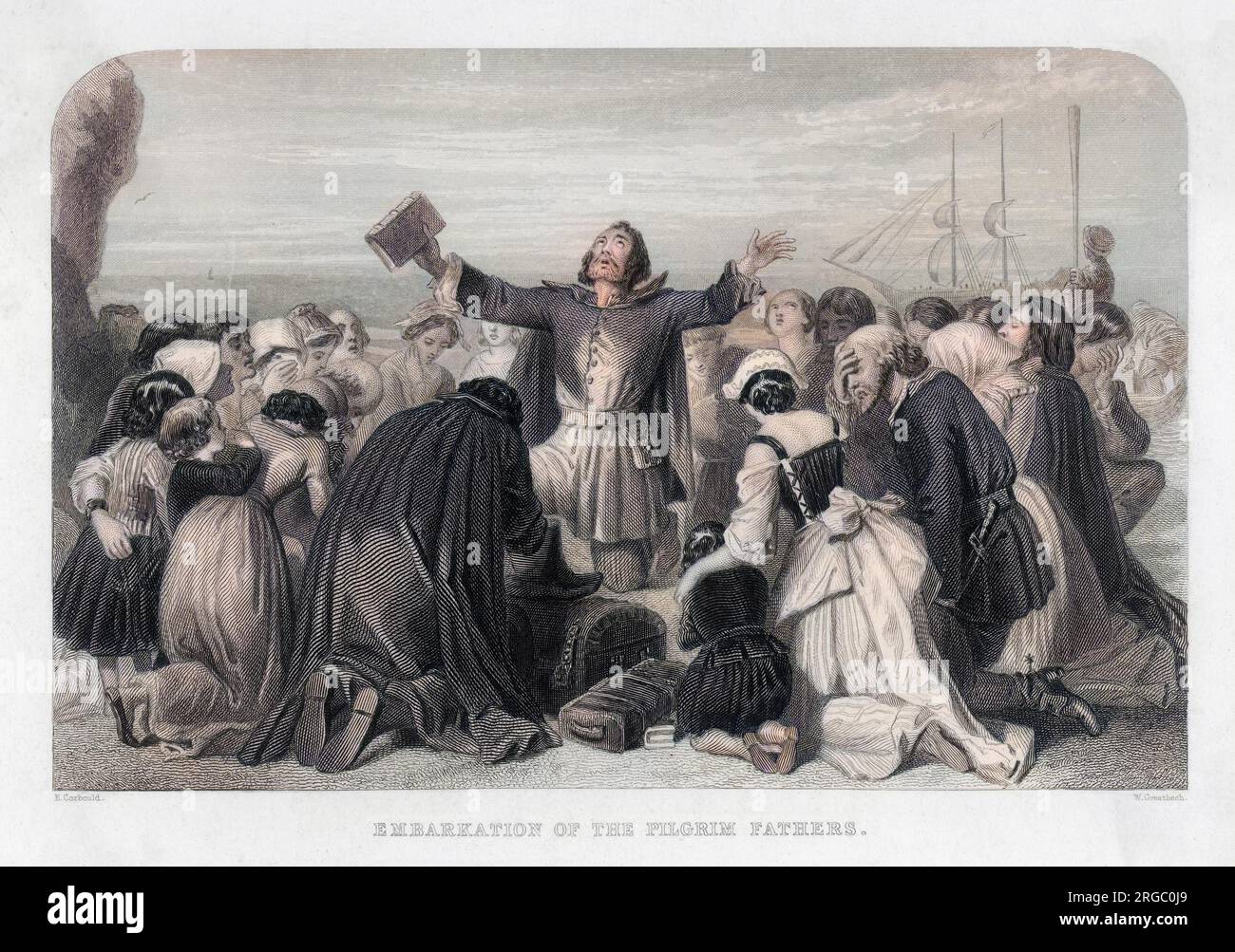 Die „Pilger“ beten, bevor sie sich auf die Reise von Plymouth nach Amerika begeben. Stockfoto