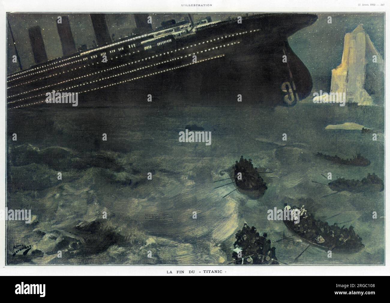 Rettungsboote im eisigen, zerklüfteten Wasser rudern verzweifelt weg vom Untergang der Titanic (Eisberg im Hintergrund). Stockfoto