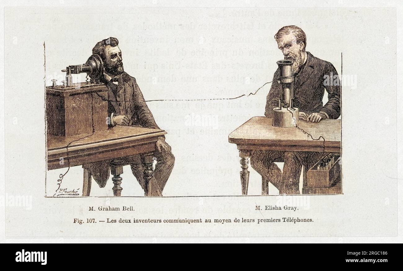 Ein imaginäres Gespräch zwischen Alexander Graham Bell und Elisha Gray, mit ihren eigenen Telefongeräten Stockfoto