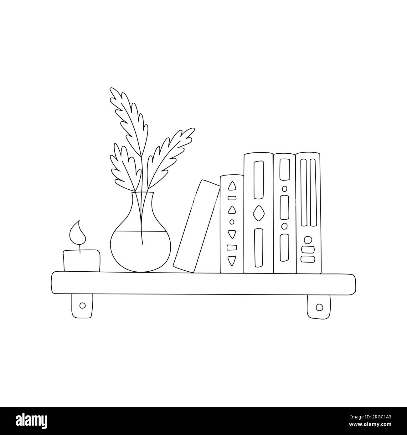 Handgezeichnetes Regal mit Büchern, Kerze und Vase mit abstrakten Zweigen mit Blättern. Inneneinrichtung. Bücher mit einem Muster ausspucken. Schwarz-weißes Kritzelchen Stock Vektor