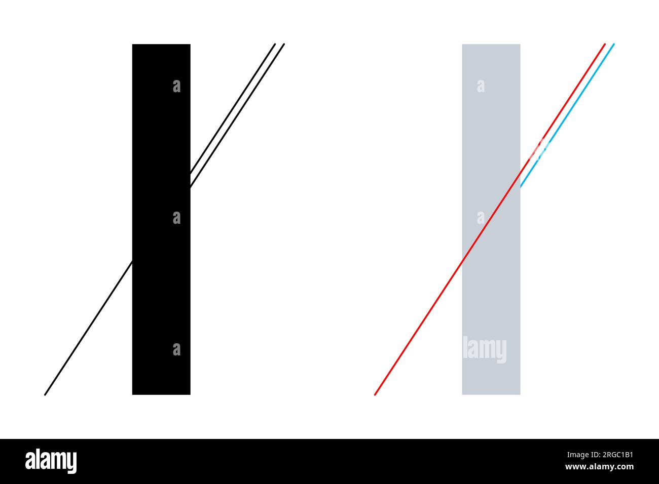 Poggendorff geometrische optische Täuschung. Die Fortsetzung der Linie von unten links wird mit der kürzeren Linie auf der rechten Seite darunter verwechselt. Stockfoto