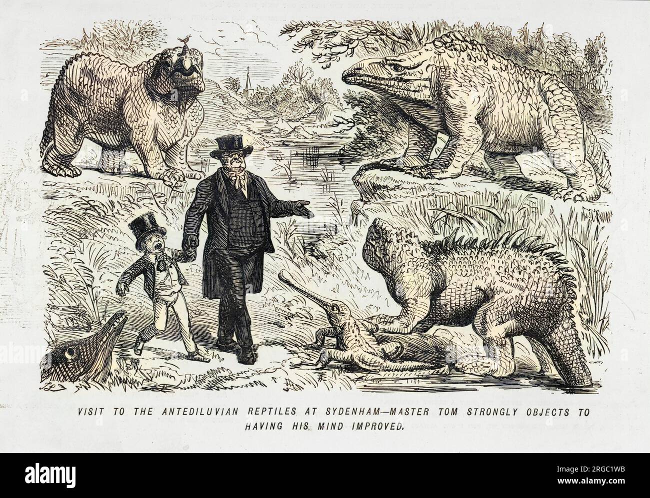 Cartoon, Besuch der Dinosaurier in Sydenham, SE London. Die Figuren prähistorischer Tiere auf dem Gelände des Crystal Palace, geschaffen von Waterhouse Hawkins, sind so realistisch, dass sie Kinder verängstigen. Stockfoto