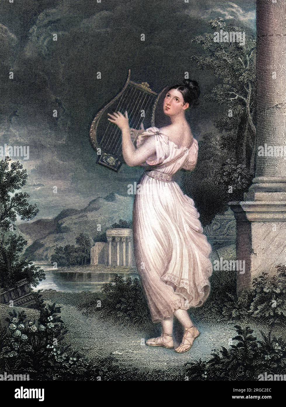 ELIZABETH Gräfin von HARRINGTON (Neongrün), Ehefrau von Leicester Stanhope, Fünfter graf: Sie wird romantisch dargestellt, wie sie ihre Lyre im Mondlicht stampft. Stockfoto