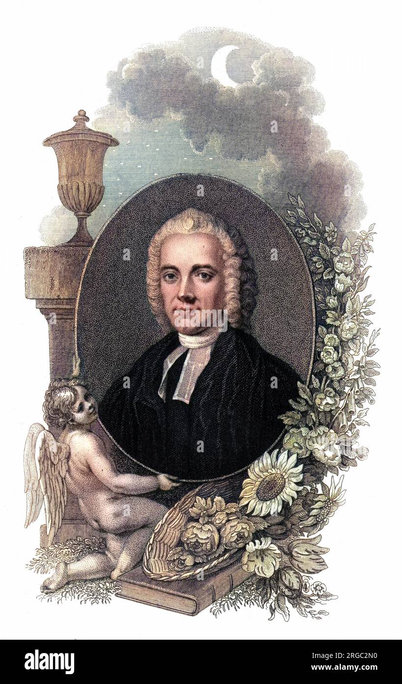 JAMES HERVEY, englischer Kirchenmann und Schriftsteller, sehr beliebt zu seiner Zeit. Mit Amor und Zierflora dargestellt. Stockfoto
