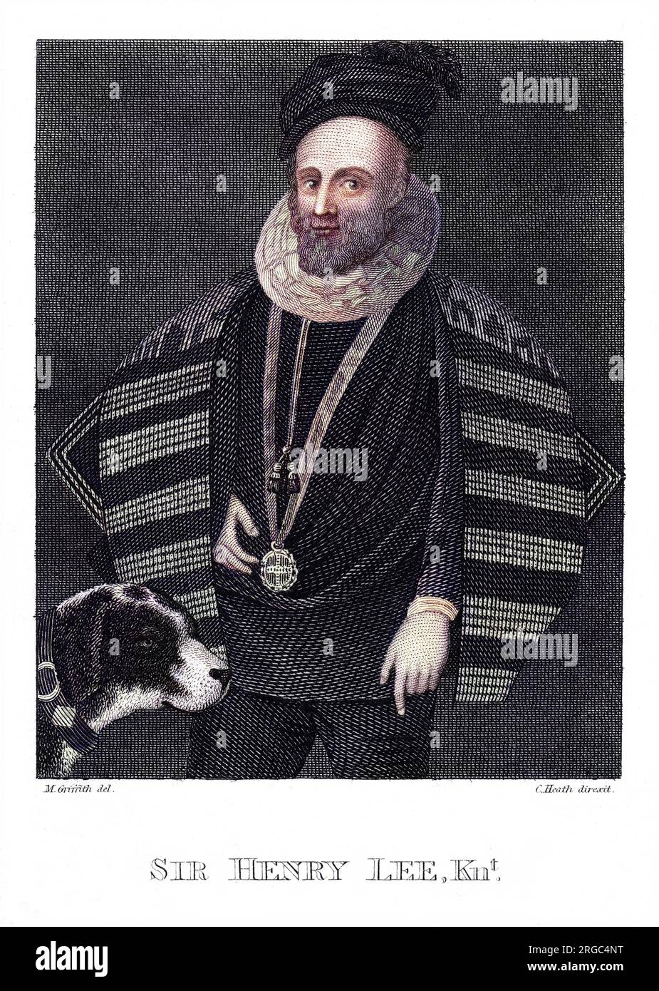 SIR HENRY LEE Courtier, Champion der Königin Elizabeth I. von England, mit seinem Hund. Stockfoto