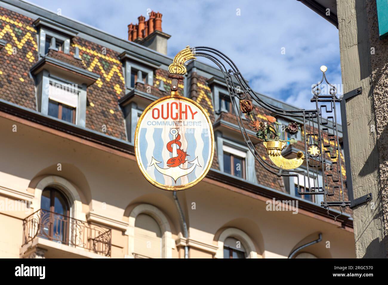 Schild „Commune Libre d'Ouchy“, Avenue d'Ouchy, Ouchy, Lausanne, Kanton Vaud, Die Schweiz Stockfoto