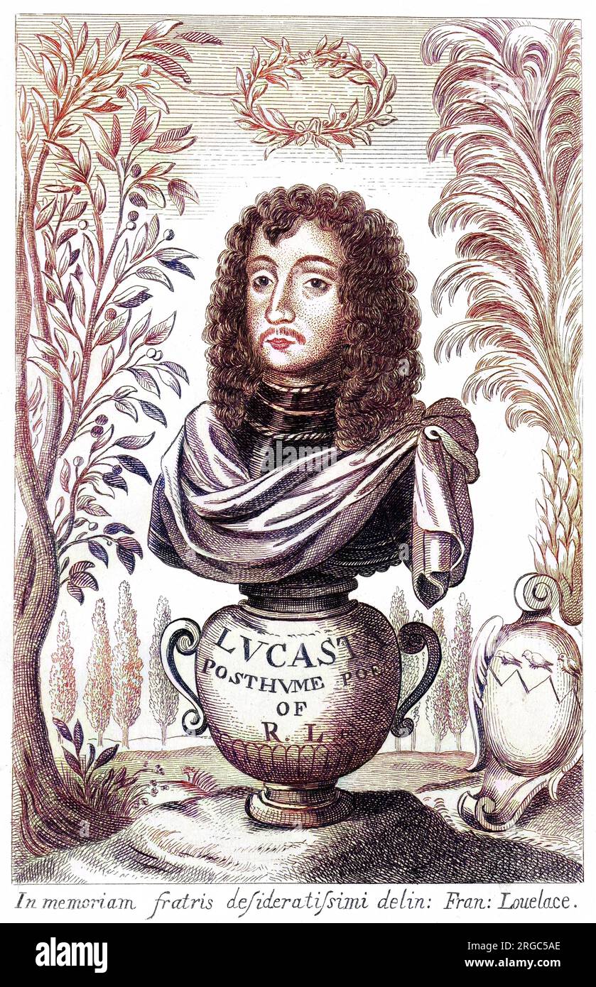 RICHARD LOVELACE Schriftsteller, seine Büste auf symbolische und allegorische Weise an einer Urne, gezeichnet von Francis oder Frances Lovelace zu Ehren seines/ihres Bruders. Stockfoto