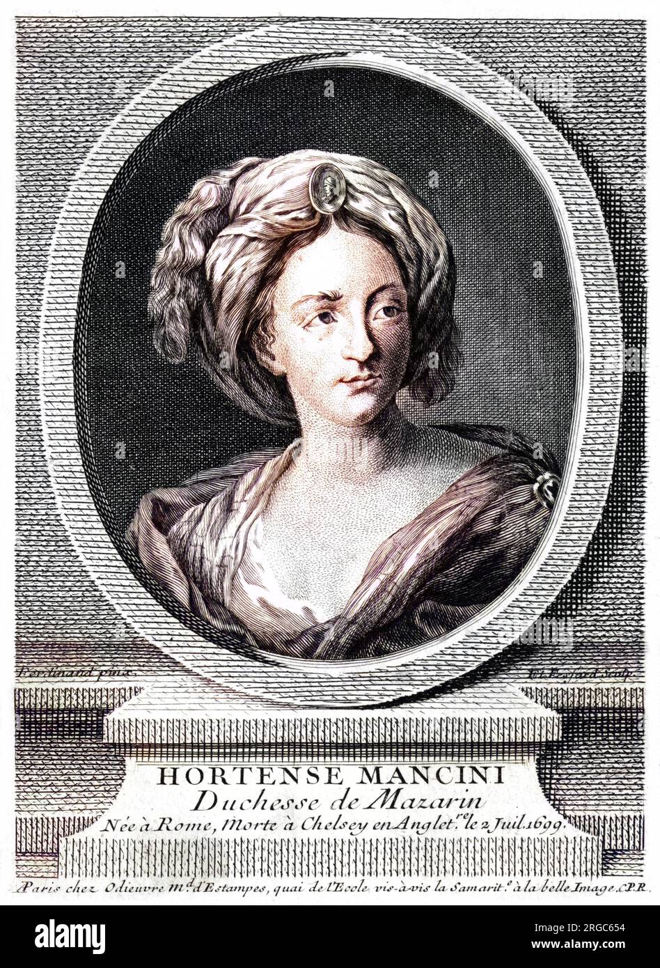 HORTENSE MANCINI, Herzogin de MAZARIN, Nichte von Kardinal Mazarin, Geliebte von Karl II., "Morte a Chelsey, Angleterre". Stockfoto