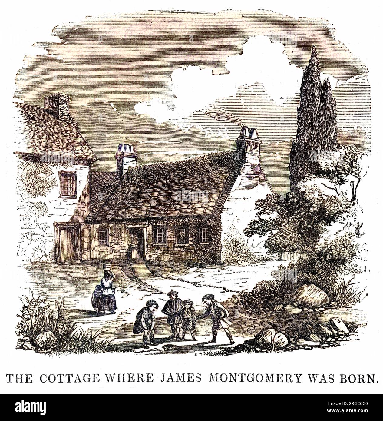 Das bescheidene schottische Cottage, in dem JAMES MONTGOMERY, der Autor von „die Welt vor der Flut“, erstmals das Licht der Welt erblickte. Stockfoto