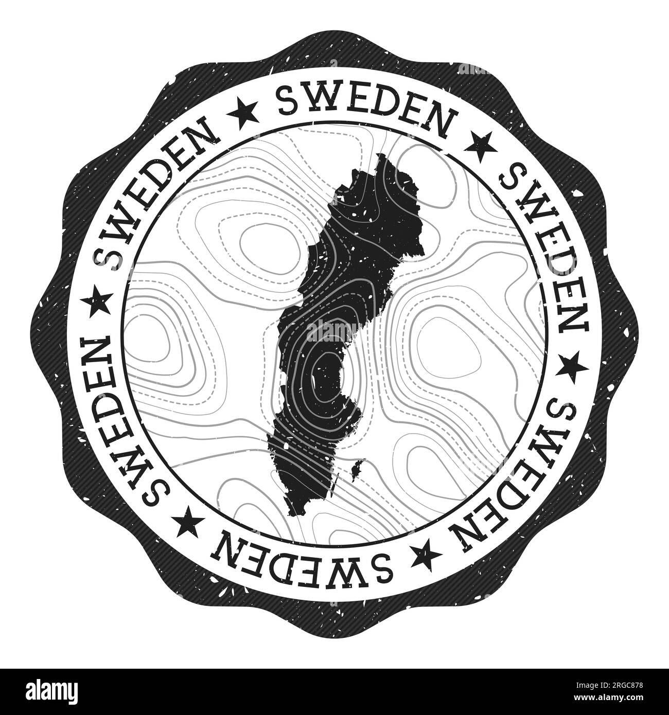 Schweden Außenstempel. Runder Aufkleber mit Landkarte mit topographischen Isolinien. Vektorabbildung. Stock Vektor