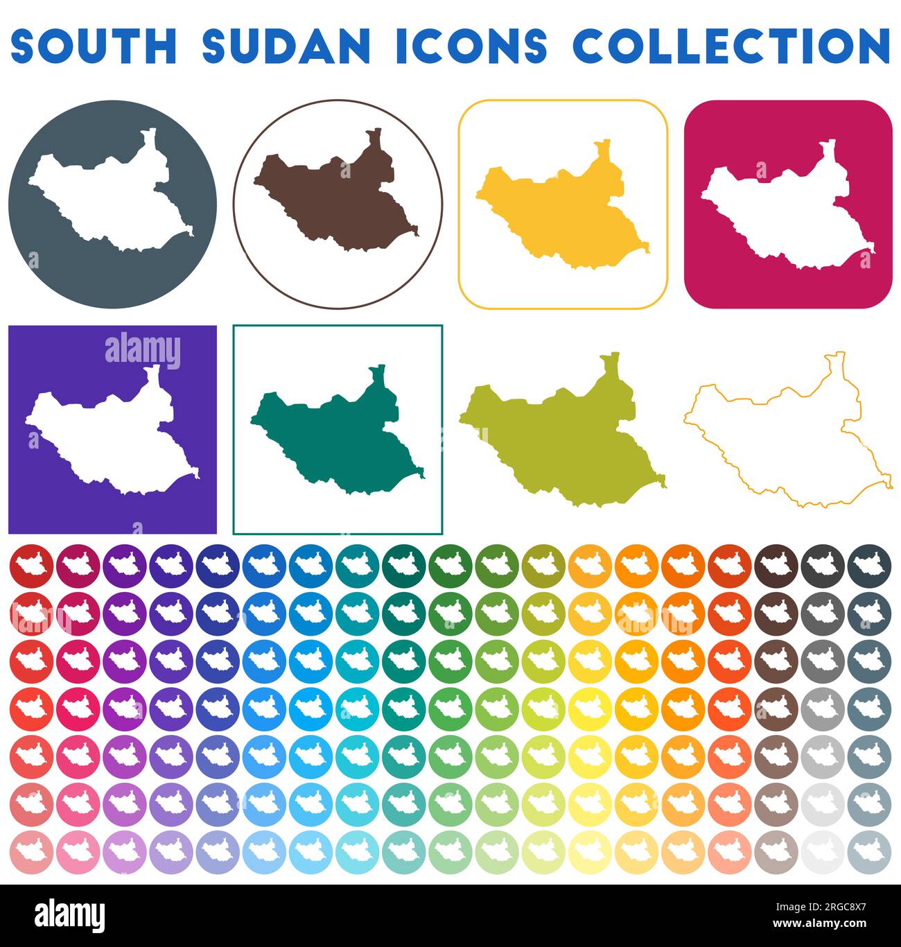 Südsudan Icons Sammlung. Bunte, trendige Kartensymbole. Modernes Südsudan-Abzeichen mit Landkarte. Vektorabbildung. Stock Vektor