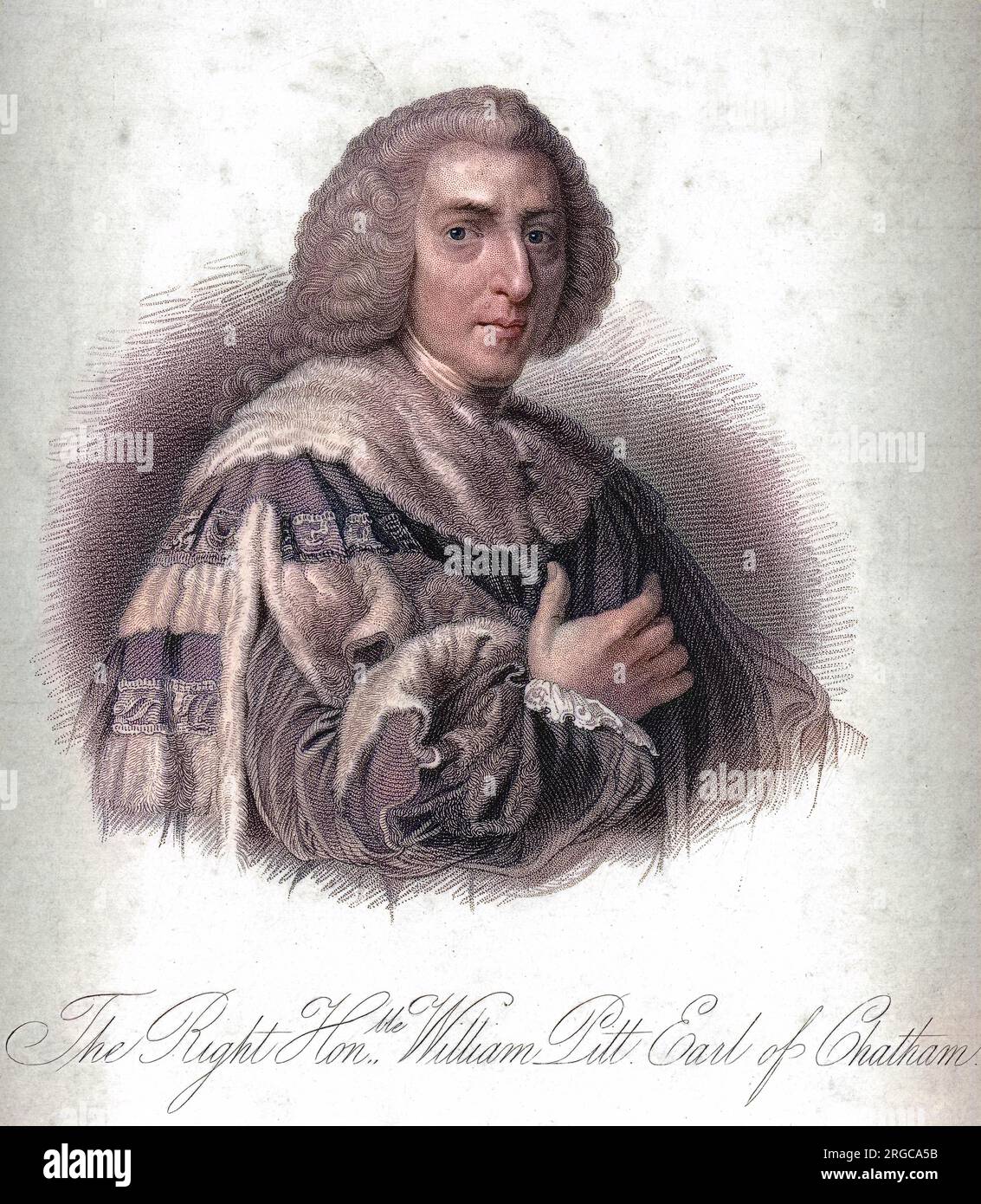 Gravur von William Pitt, 1. Earl of Chatham, dem englischen Staatsmann und Redner, der als Pitt der Ältere bekannt wurde. Sein zweiter Sohn war William Pitt (der jüngere), der im Alter von nur 24 Jahren britischer Premierminister wurde. Stockfoto