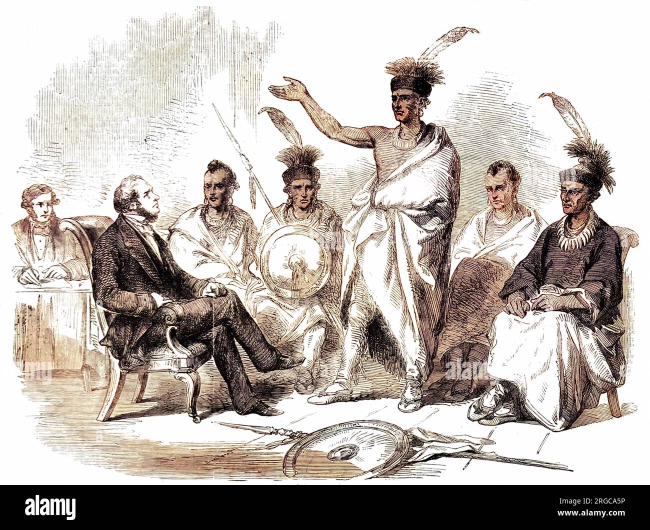 Die indianischen KAW appellieren an den US-Kommissar für indische Angelegenheiten, ihr Land vor Siedlern zu schützen, 1857. Die Kaw, die in Kansas lebten, tragen mohikanische Frisuren, Kopfschmuck, Schals und runde Schilde. Stockfoto