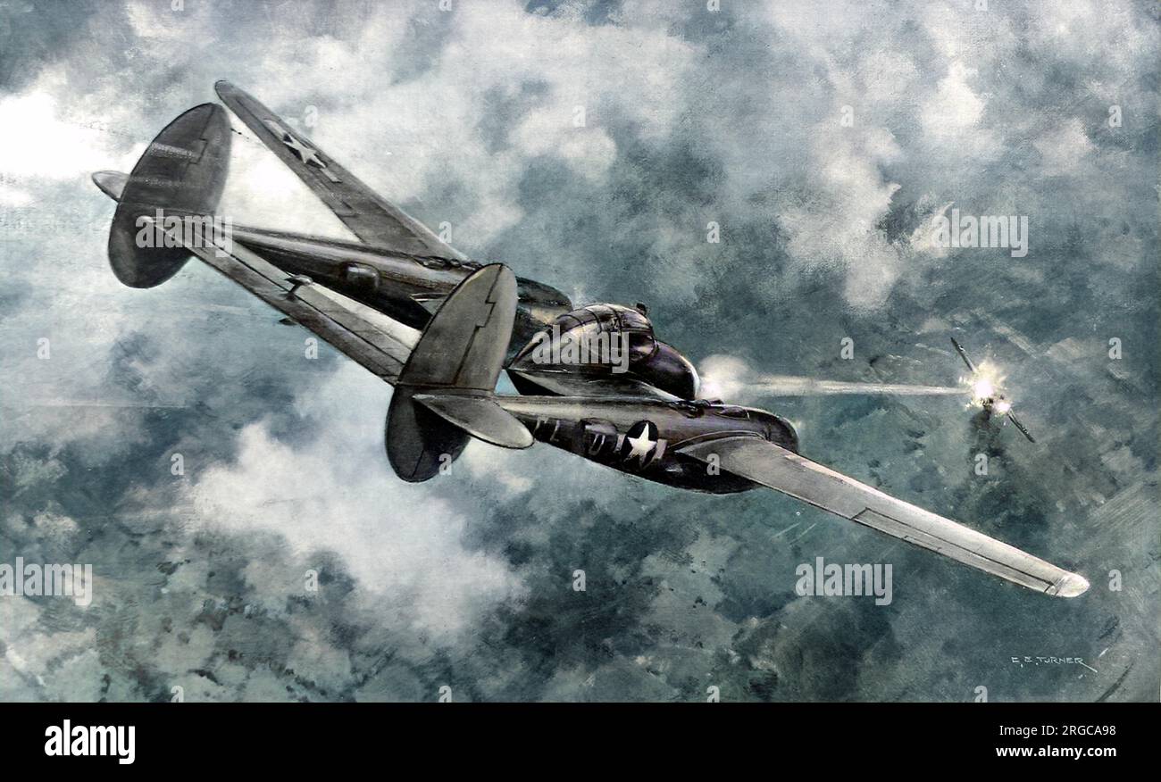 US Air Force Lockheed P-38 „Lightning“ schießt während des Zweiten Weltkriegs ein deutsches Flugzeug ab. Der „Lightning“ war ein sehr erfolgreicher zweimotoriger Eskort-Kämpfer mit einer Höchstgeschwindigkeit von 360mph km/h und einer Reichweite von mindestens 1000 km. Diese Abbildung wurde von C.E. gemalt Turner, die illustrierte London News' Spezialkünstlerin, aus Skizzen, die 1944 auf einem amerikanischen Flugplatz in Großbritannien gemacht wurden. Stockfoto